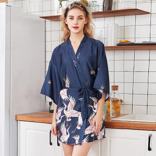 Fashion Women’s Summer Mini Kimono Robe Lady Rayon Bath Gown Yukata Nightgown Sleepwear Sleepshirts Pijama Mujer Size M-XXL