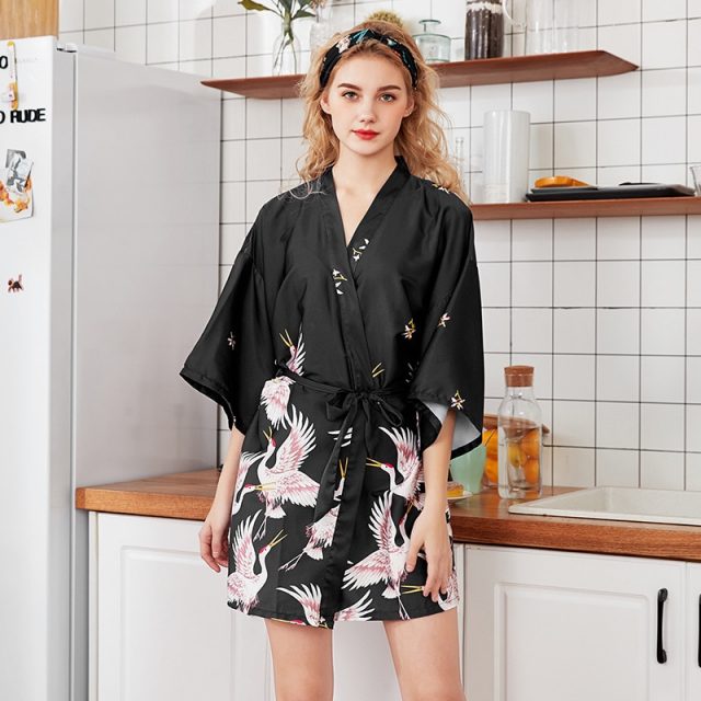 Fashion Women’s Summer Mini Kimono Robe Lady Rayon Bath Gown Yukata Nightgown Sleepwear Sleepshirts Pijama Mujer Size M-XXL
