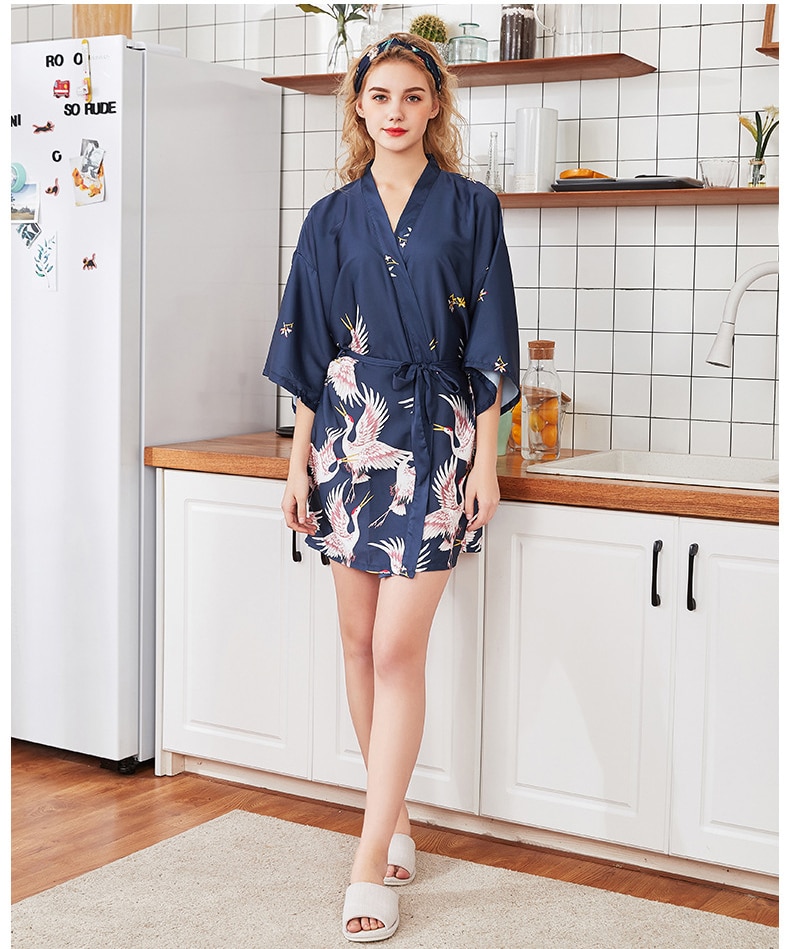 Fashion Women's Summer Mini Kimono Robe Lady Rayon Bath Gown Yukata Nightgown Sleepwear Sleepshirts Pijama Mujer Size M-XXL