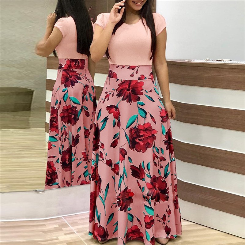 2018 Long Dress Women Summer Boho Beach Patchwork Floral Print Short Sleeve Dress Fashion Elegant Ladies Party Maxi Dresses 2018 Long Dress Women Summer Boho Beach Patchwork Floral Print Short Sleeve Dress Fashion Elegant Ladies Party Maxi Dresses