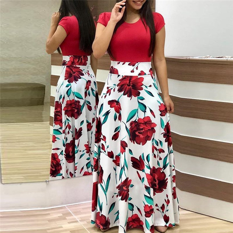 2018 Long Dress Women Summer Boho Beach Patchwork Floral Print Short Sleeve Dress Fashion Elegant Ladies Party Maxi Dresses 2018 Long Dress Women Summer Boho Beach Patchwork Floral Print Short Sleeve Dress Fashion Elegant Ladies Party Maxi Dresses