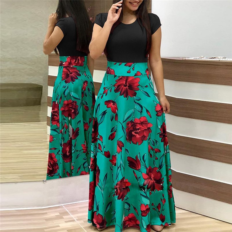 2018 Long Dress Women Summer Boho Beach Patchwork Floral Print Short Sleeve Dress Fashion Elegant Ladies Party Maxi Dresses 2018 Long Dress Women Summer Boho Beach Patchwork Floral Print Short Sleeve Dress Fashion Elegant Ladies Party Maxi Dresses