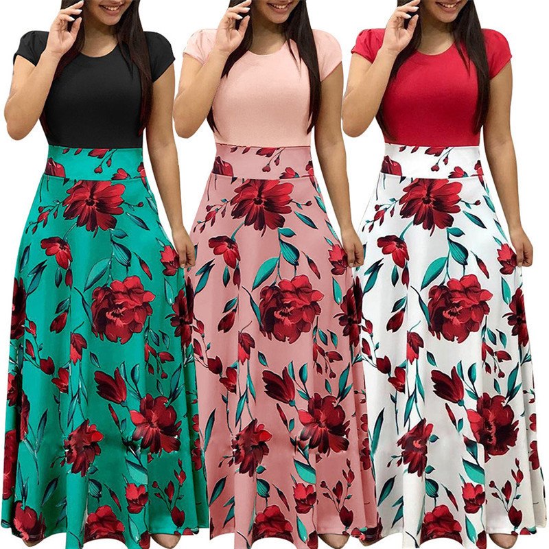 2018 Long Dress Women Summer Boho Beach Patchwork Floral Print Short Sleeve Dress Fashion Elegant Ladies Party Maxi Dresses 2018 Long Dress Women Summer Boho Beach Patchwork Floral Print Short Sleeve Dress Fashion Elegant Ladies Party Maxi Dresses