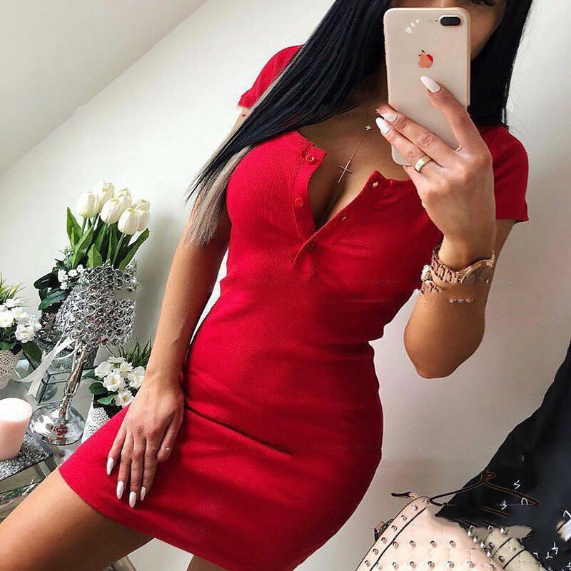 Summer Dress 2018 Fall Women Sexy Casual Knit Sheath Mini Dresses Ladies Solid V Neck Chest Button Short Sleeve Bodycon Dress