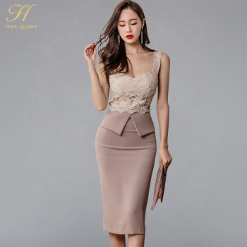 H Han Queen Halter Strapless Summer OL Lace Pencil Dress 2018 New Fashion Sexy V Collar Sleeveless Vintage Club Party Dresses