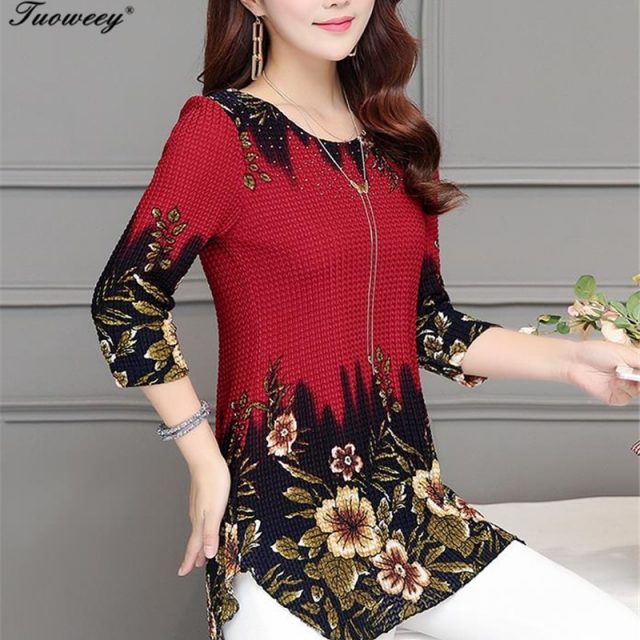 2019 New Arrival Fashion Summer Three Quarter Slim floral long Shirt Female Casual Slim Color Plus Size elegant Printed Blouse