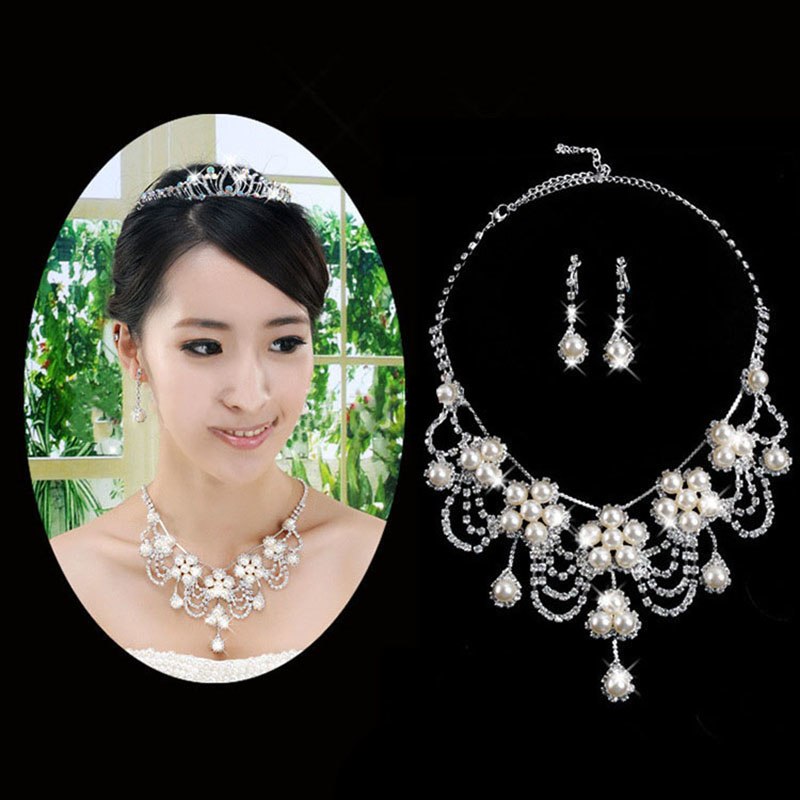 4 PCS Luxury Wedding Bridal Jewelry Sets for Brides Women Necklace Bracelet Ring Earring Set Elastic Rope Silver Crystal Jewelry