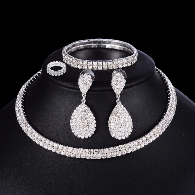 4 PCS Luxury Wedding Bridal Jewelry Sets for Brides Women Necklace Bracelet Ring Earring Set Elastic Rope Silver Crystal Jewelry