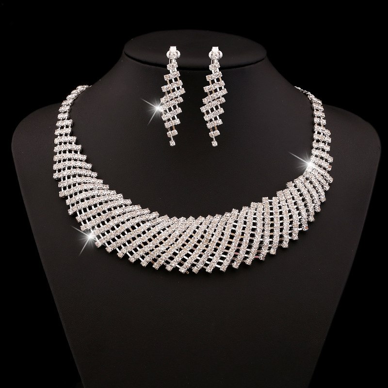 4 PCS Luxury Wedding Bridal Jewelry Sets for Brides Women Necklace Bracelet Ring Earring Set Elastic Rope Silver Crystal Jewelry