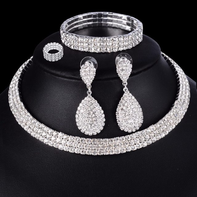 4 PCS Luxury Wedding Bridal Jewelry Sets for Brides Women Necklace Bracelet Ring Earring Set Elastic Rope Silver Crystal Jewelry