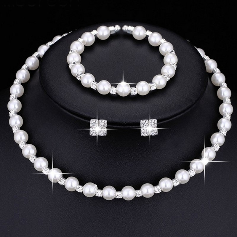 4 PCS Luxury Wedding Bridal Jewelry Sets for Brides Women Necklace Bracelet Ring Earring Set Elastic Rope Silver Crystal Jewelry