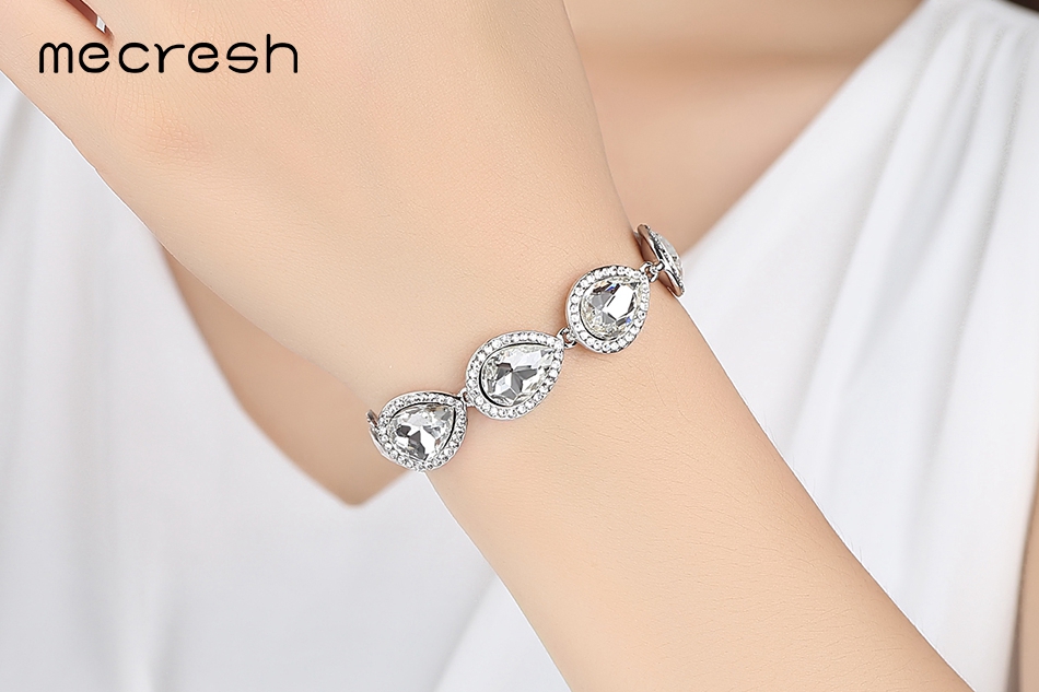 Mecresh Clear Crystal Bridal Jewelry Sets Teardrop Bracelet Earrings Sets Wedding Jewelry for Women Classic Style EH444+SL051