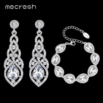 Mecresh Clear Crystal Bridal Jewelry Sets Teardrop Bracelet Earrings Sets Wedding Jewelry for Women Classic Style EH444+SL051