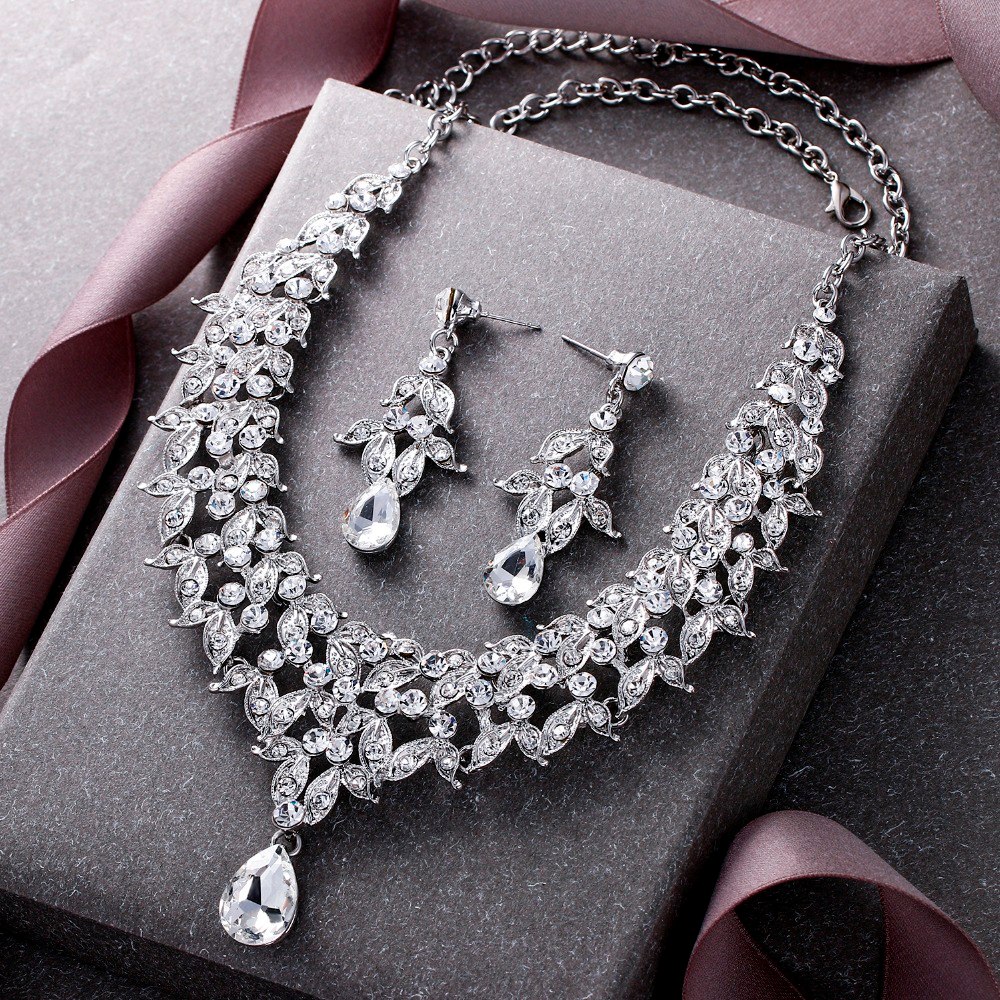 Tuliper Leaf Teardrop Bridal Necklace Earrings Set Austrian Crystal Rhinestone Wedding Jewelry Set Women Party Best Gift