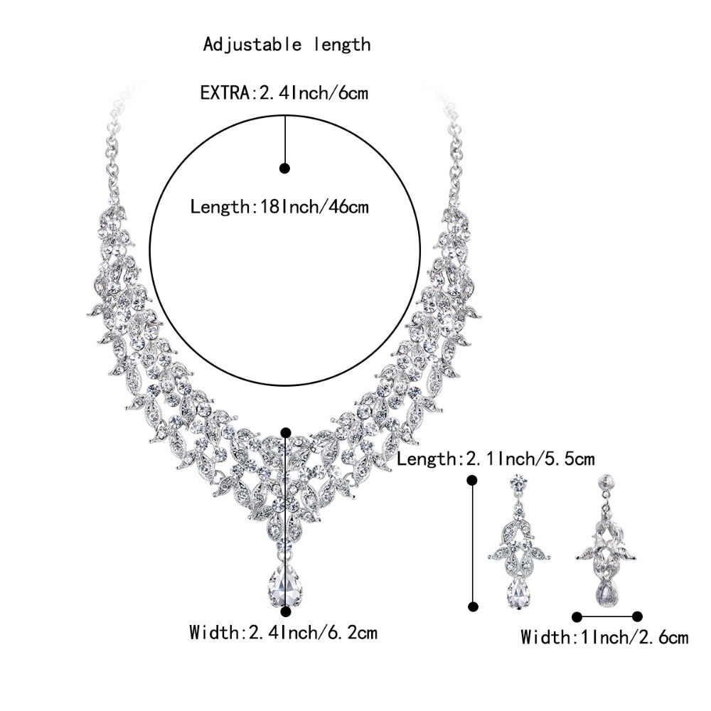 Tuliper Leaf Teardrop Bridal Necklace Earrings Set Austrian Crystal Rhinestone Wedding Jewelry Set Women Party Best Gift