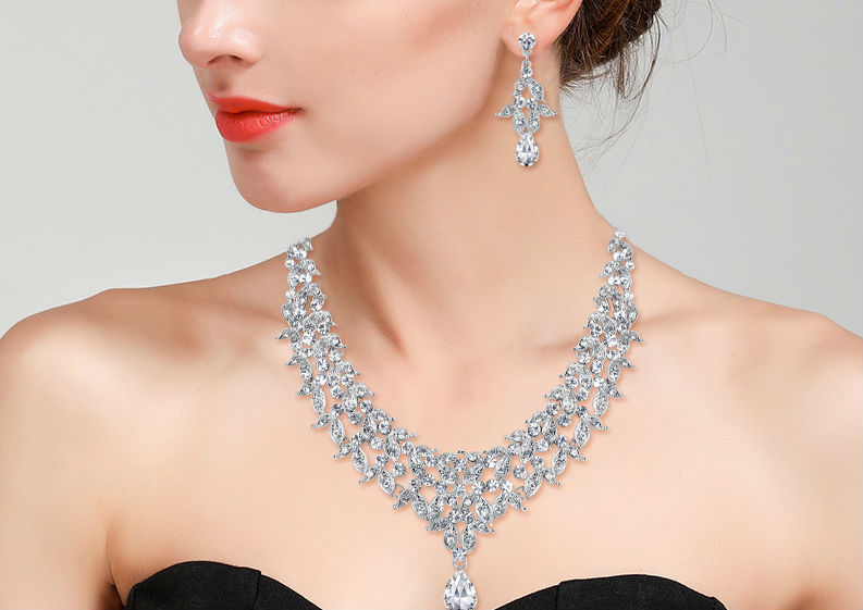 Tuliper Leaf Teardrop Bridal Necklace Earrings Set Austrian Crystal Rhinestone Wedding Jewelry Set Women Party Best Gift