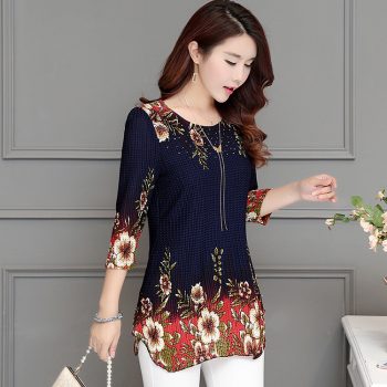 2019 New Arrival Fashion Summer Three Quarter Slim floral long Shirt Female Casual Slim Color Plus Size elegant Printed Blouse
