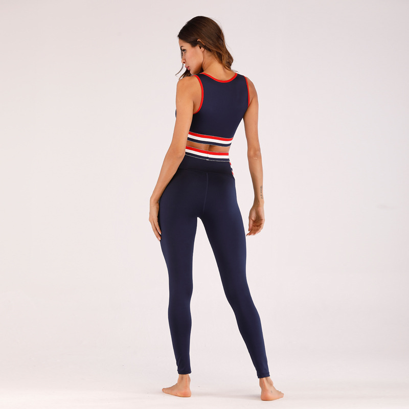 Women Yoga Sets Tracksuit Sexy Gym Wear White Red Striped Crop Tank Top Leggings Running Clothing Fitness Sportswear Sport Suit