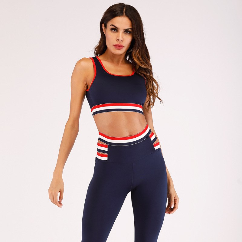 Women Yoga Sets Tracksuit Sexy Gym Wear White Red Striped Crop Tank Top Leggings Running Clothing Fitness Sportswear Sport Suit