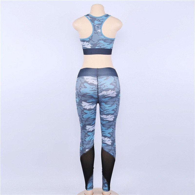 Women Yoga Set Sexy Fitness Tracksu Blue White Camouflage Sportswear Gym Wear Running Clothes Sport Suit Tank Top Leggings Pants