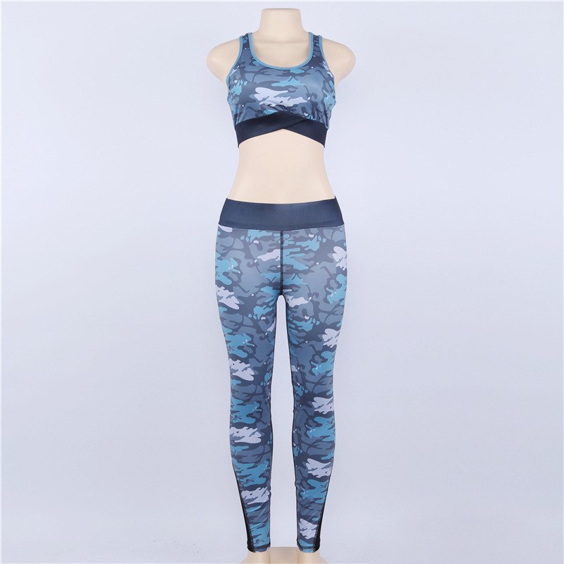 Women Yoga Set Sexy Fitness Tracksu Blue White Camouflage Sportswear Gym Wear Running Clothes Sport Suit Tank Top Leggings Pants