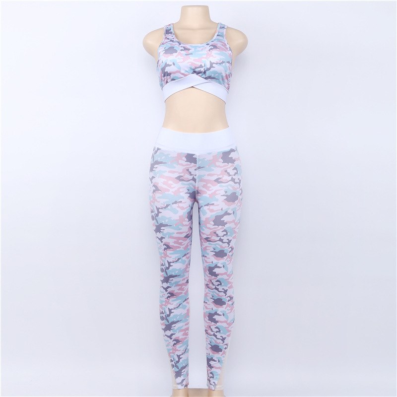 Women Yoga Set Sexy Fitness Tracksu Blue White Camouflage Sportswear Gym Wear Running Clothes Sport Suit Tank Top Leggings Pants