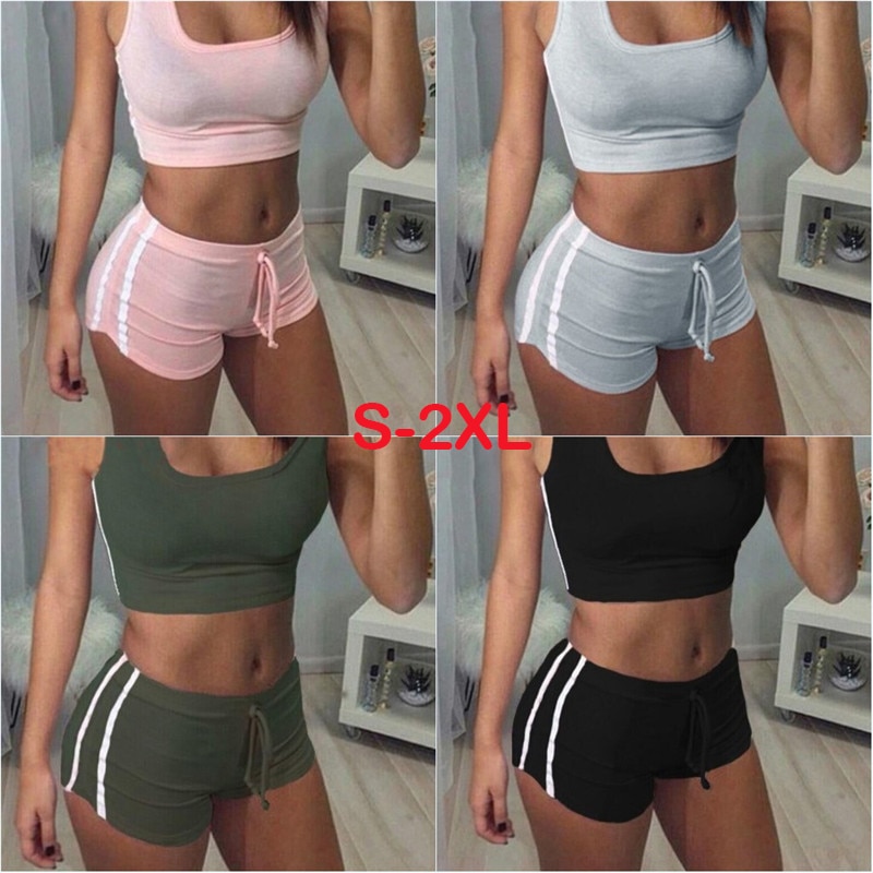Summer Women Sport Suits Sexy Crop Tops+Shorts Tracksuit 2019 Two Piece Set Gym Running Joggings Yoga Exercise Clothes Quick Dry Summer Women Sport Suits Sexy Crop Tops+Shorts Tracksuit 2019 Two Piece Set Gym Running Joggings Yoga Exercise Clothes Quick Dry