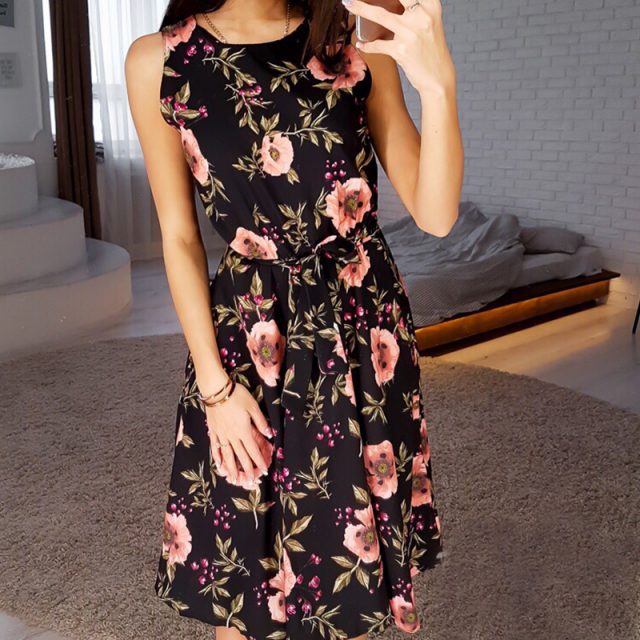 Women Sashes Print a Line Party Dress Ladies Sleeveless o Neck Floral Elegant Dress 2019 New Fashion Women Summer Beach Dress