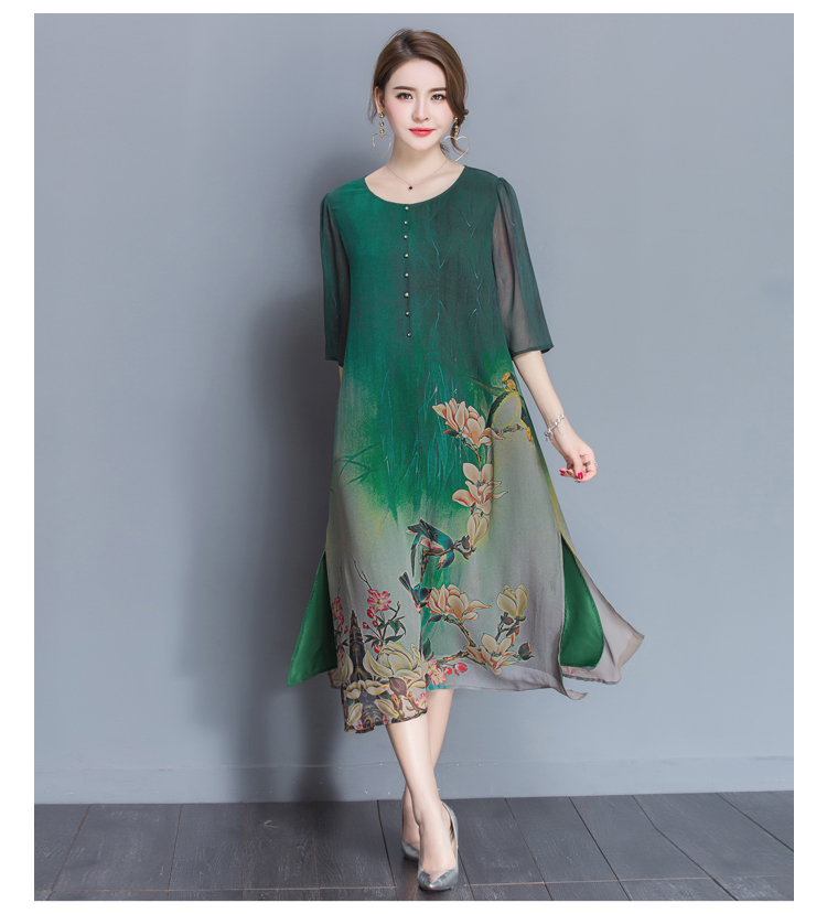 Tafforda M-4XL Plus Size New Spring Summer Silk Dress Chinese Style Dress High Quality Loose Print Party Women's Dress Female