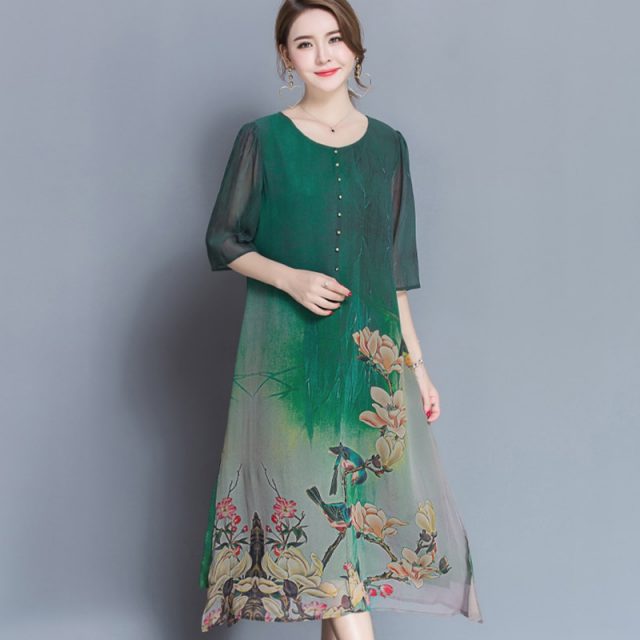 Tafforda M-4XL Plus Size New Spring Summer Silk Dress Chinese Style Dress High Quality Loose Print Party Women’s Dress Female