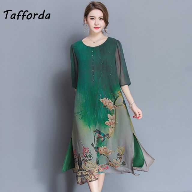 Tafforda M-4XL Plus Size New Spring Summer Silk Dress Chinese Style Dress High Quality Loose Print Party Women’s Dress Female