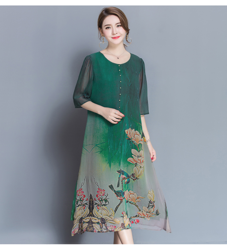 Tafforda M-4XL Plus Size New Spring Summer Silk Dress Chinese Style Dress High Quality Loose Print Party Women's Dress Female