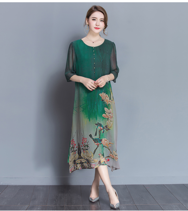 Tafforda M-4XL Plus Size New Spring Summer Silk Dress Chinese Style Dress High Quality Loose Print Party Women's Dress Female