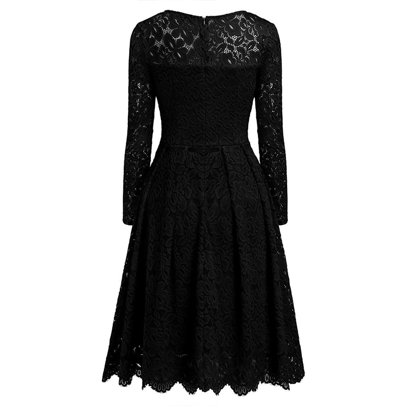 Women's Vintage Long Sleeve O Neck Slim Swing A Line Dress Floral Lace Cocktail Party Dresses