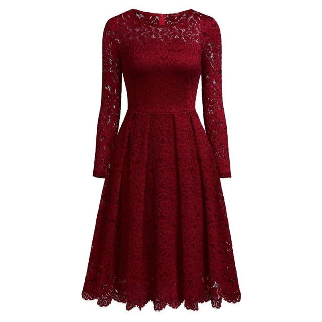 Women’s Vintage Long Sleeve O Neck Slim Swing A Line Dress Floral Lace Cocktail Party Dresses