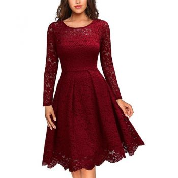 Women's Vintage Long Sleeve O Neck Slim Swing A Line Dress Floral Lace Cocktail Party Dresses