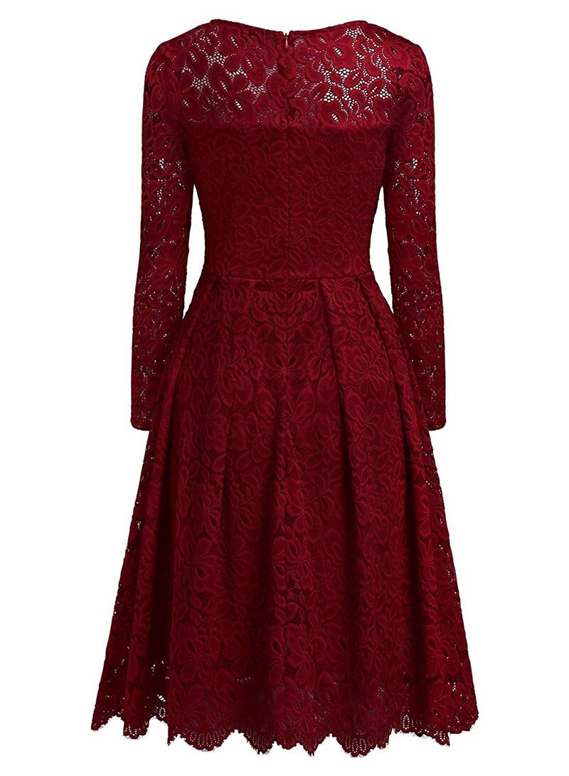 Women's Vintage Long Sleeve O Neck Slim Swing A Line Dress Floral Lace Cocktail Party Dresses