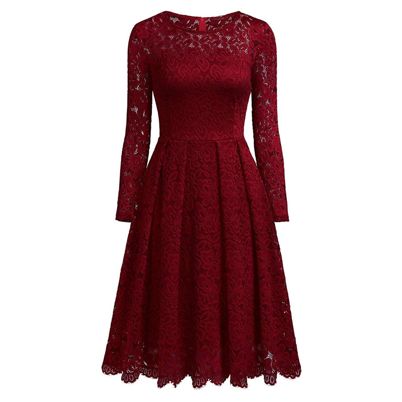 Women's Vintage Long Sleeve O Neck Slim Swing A Line Dress Floral Lace Cocktail Party Dresses