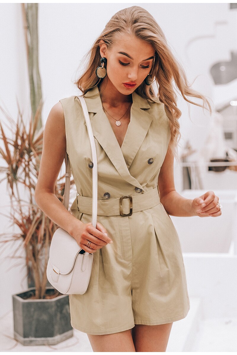 Simplee Elegant sashes khaki cotton women playsuit Summer pockets button zipper rompers short jumpsuit Office ladies overalls Simplee Elegant sashes khaki cotton women playsuit Summer pockets button zipper rompers short jumpsuit Office ladies overalls