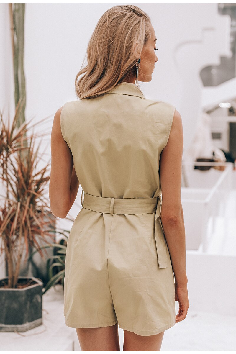 Simplee Elegant sashes khaki cotton women playsuit Summer pockets button zipper rompers short jumpsuit Office ladies overalls Simplee Elegant sashes khaki cotton women playsuit Summer pockets button zipper rompers short jumpsuit Office ladies overalls