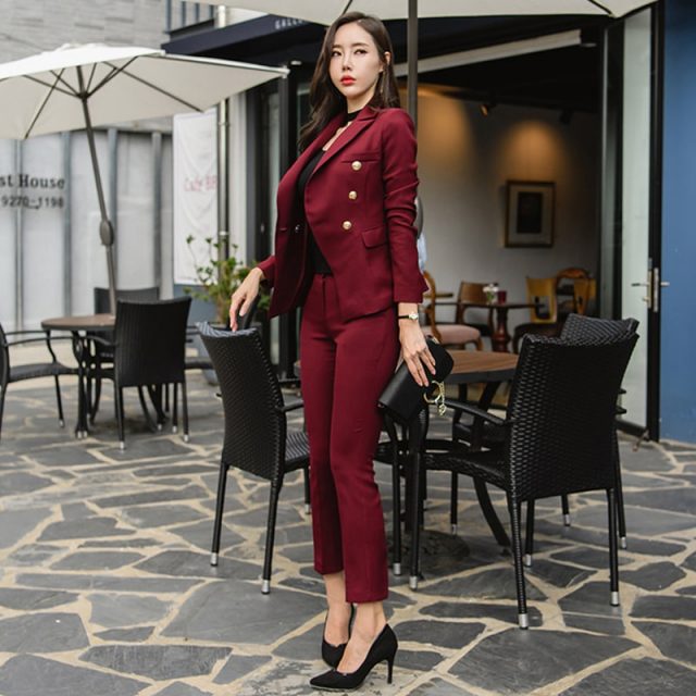 Sexy Wine Red Slim Style Women Pant Suits Slim Waist Buttons Blazer Jacket & Pencil Pant OL Style Women Set 2019 Spring