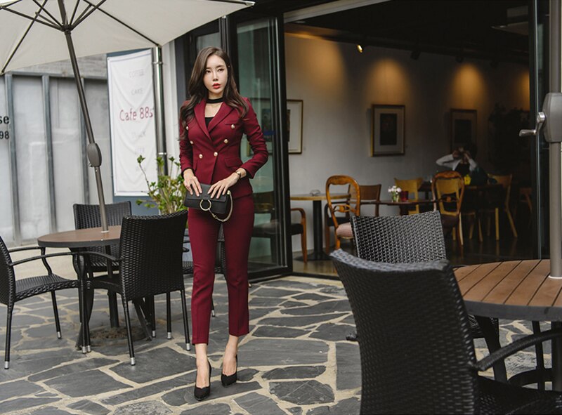 Sexy Wine Red Slim Style Women Pant Suits Slim Waist Buttons Blazer Jacket & Pencil Pant OL Style Women Set 2019 Spring