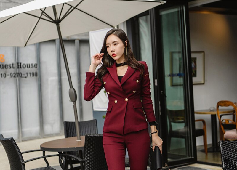Sexy Wine Red Slim Style Women Pant Suits Slim Waist Buttons Blazer Jacket & Pencil Pant OL Style Women Set 2019 Spring