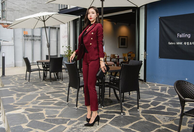 Sexy Wine Red Slim Style Women Pant Suits Slim Waist Buttons Blazer Jacket & Pencil Pant OL Style Women Set 2019 Spring