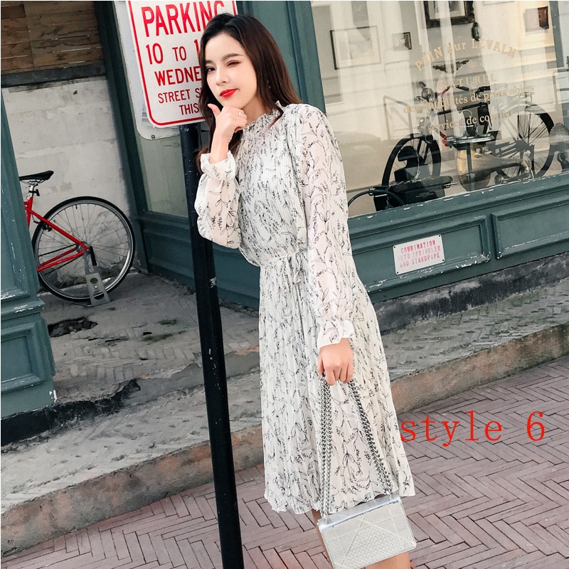 Women Two layers chiffon pleated dress 2019 spring autumn female vintage elegant long sleeve loose casual office lady dress