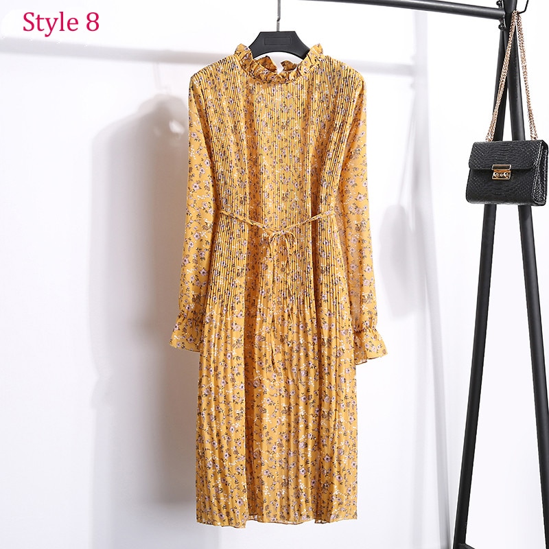 Women Two layers chiffon pleated dress 2019 spring autumn female vintage elegant long sleeve loose casual office lady dress