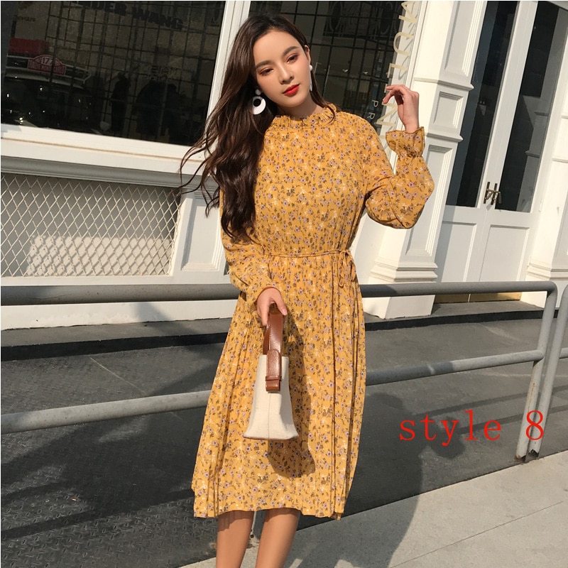 Women Two layers chiffon pleated dress 2019 spring autumn female vintage elegant long sleeve loose casual office lady dress