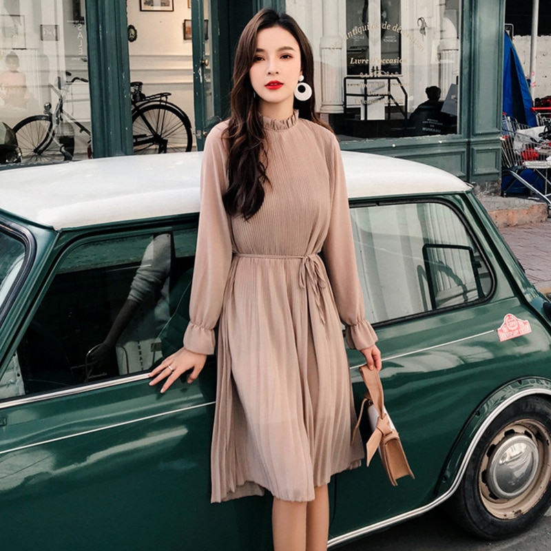 Women Two layers chiffon pleated dress 2019 spring autumn female vintage elegant long sleeve loose casual office lady dress