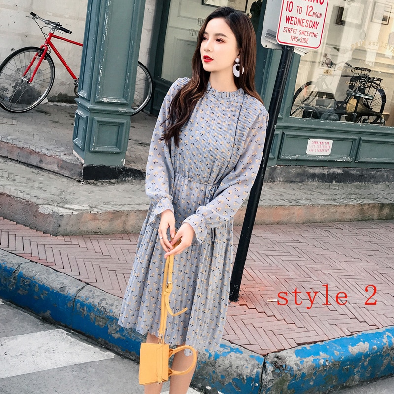 Women Two layers chiffon pleated dress 2019 spring autumn female vintage elegant long sleeve loose casual office lady dress