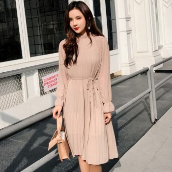 Women Two layers chiffon pleated dress 2019 spring autumn female vintage elegant long sleeve loose casual office lady dress